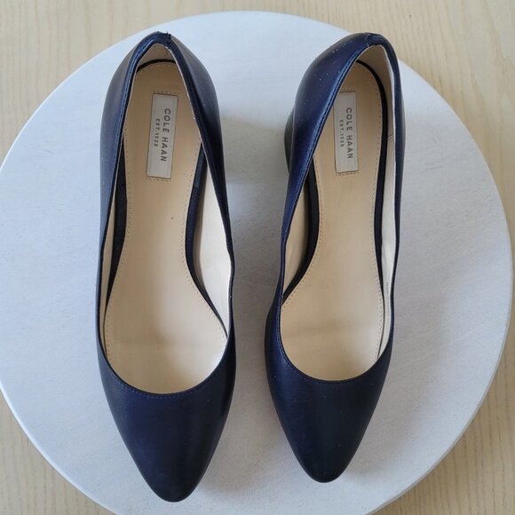 Cole Haan Justine Navy Leather Block Chunky Heels Classic Pumps - Picture 9 of 16